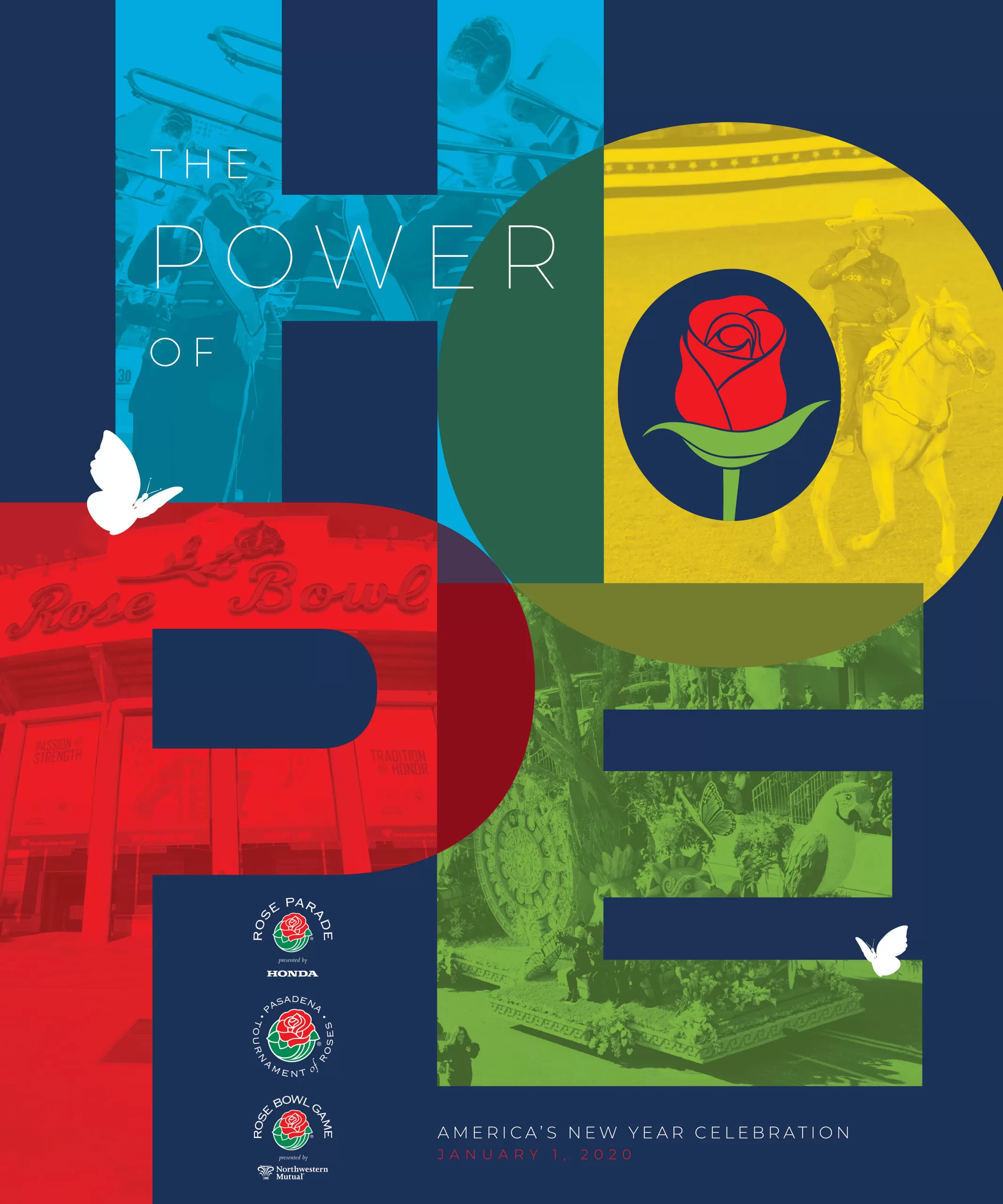 Colorful Rose Bowl 2020 poster with event images and text "The Power of Hope."