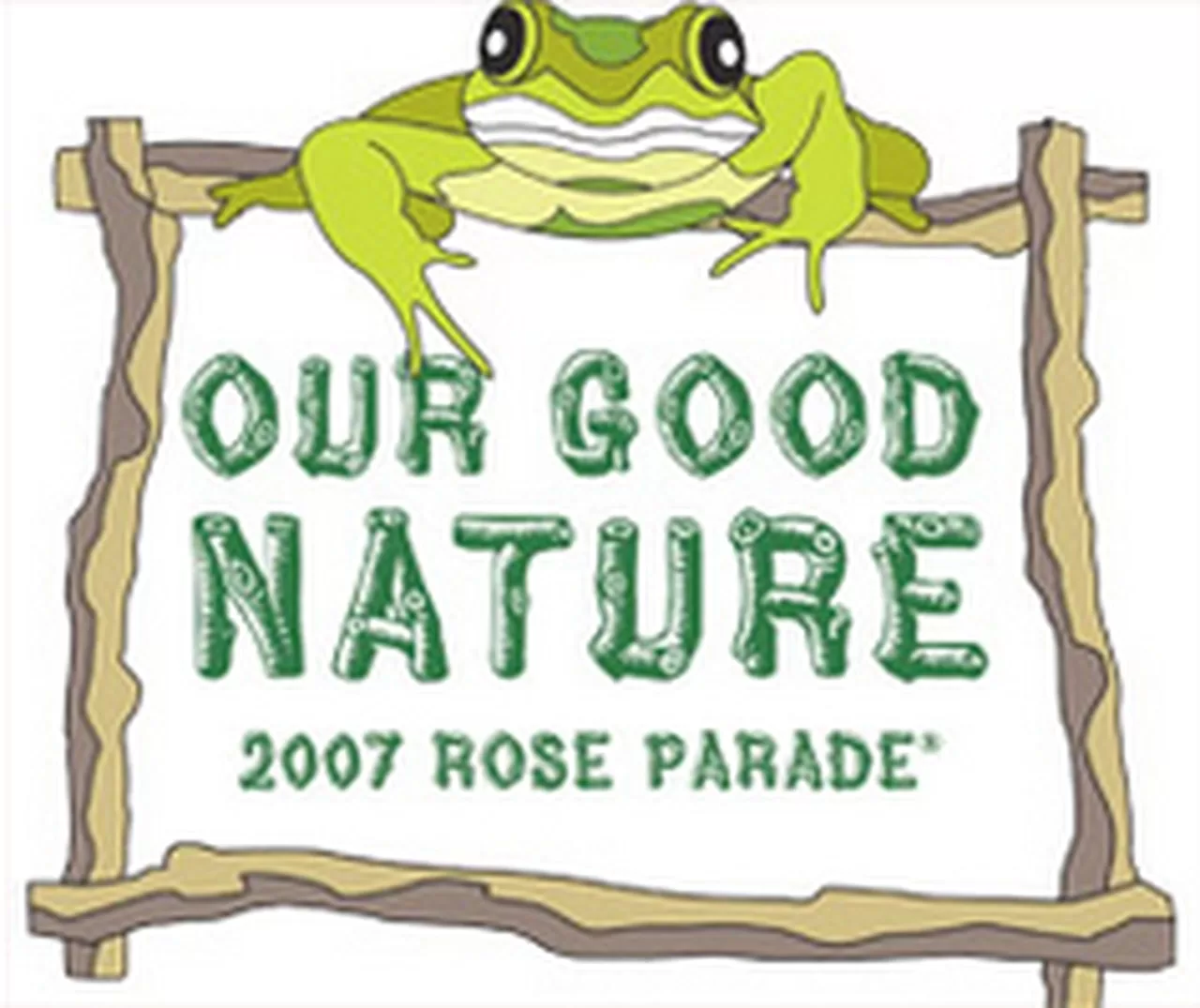 Green frog on wooden sign for Our Good Nature 2007 Rose Parade