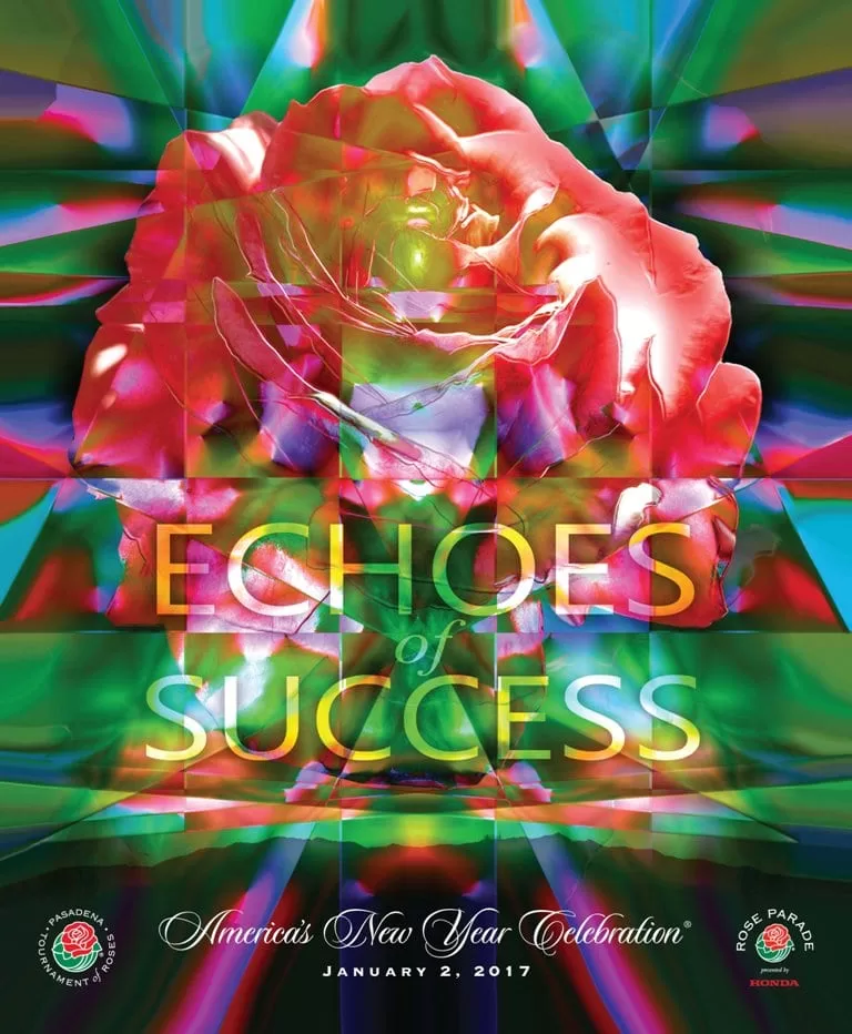 Vibrant rose with colorful rays for Echoes of Success New Year Celebration event.