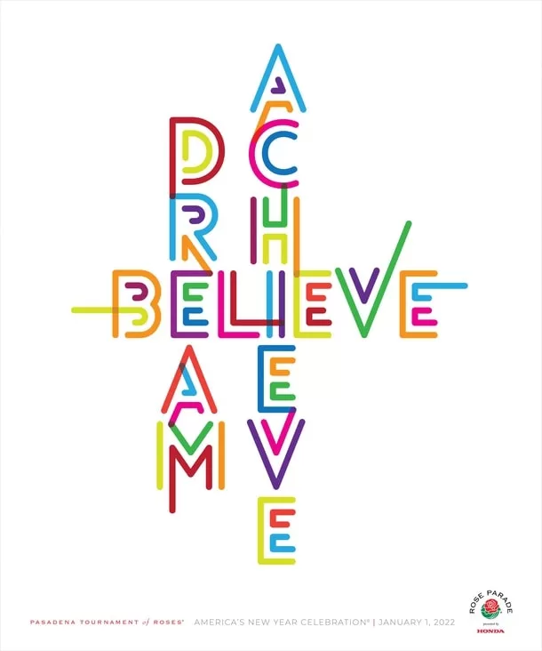 Colorful word art of "DREAM BELIEVE ACHIEVE" in a star shape with a New Year message.