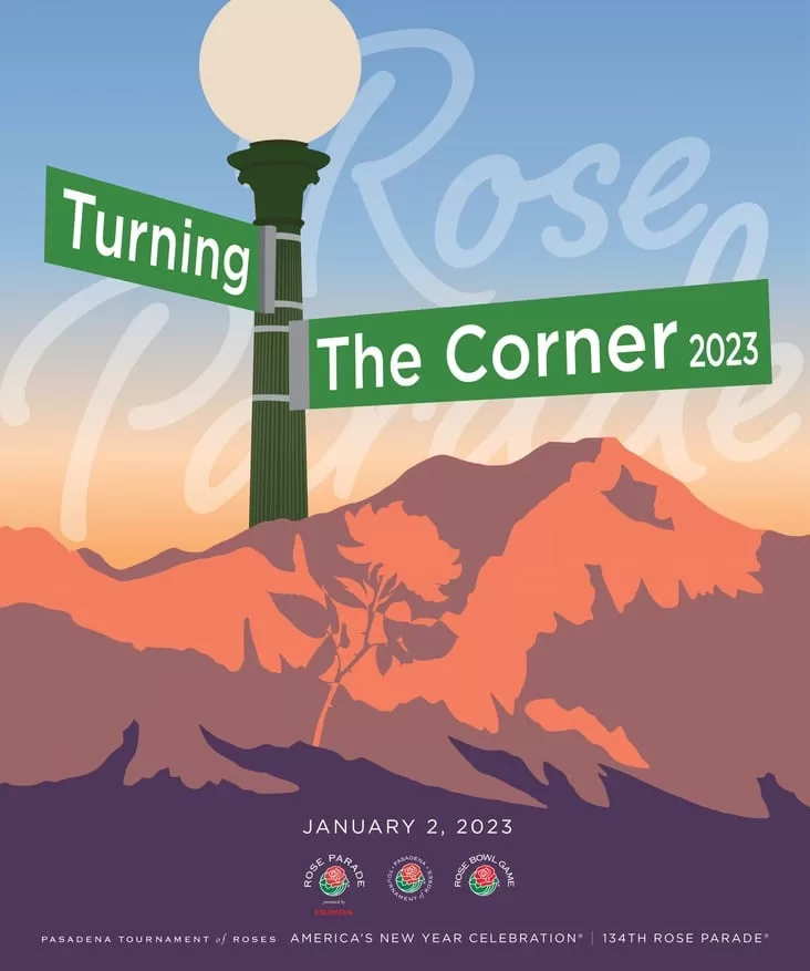 2023 Pasadena Rose Parade poster with mountain silhouette and streetlamp at sunset.
