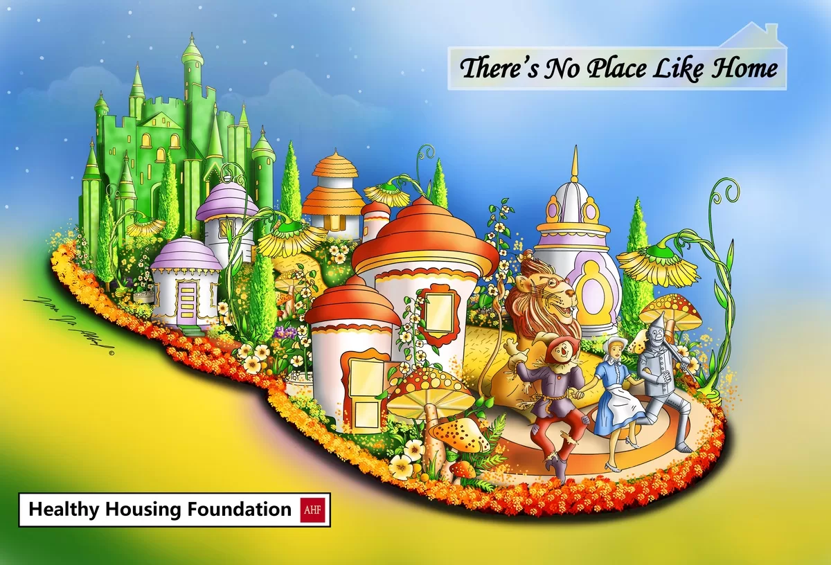 Colorful illustration of Oz characters on yellow brick road with emerald castle in background