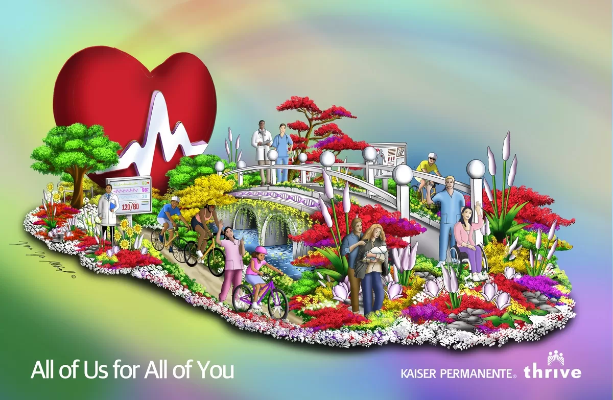 Colorful illustration of healthcare themed float with heart