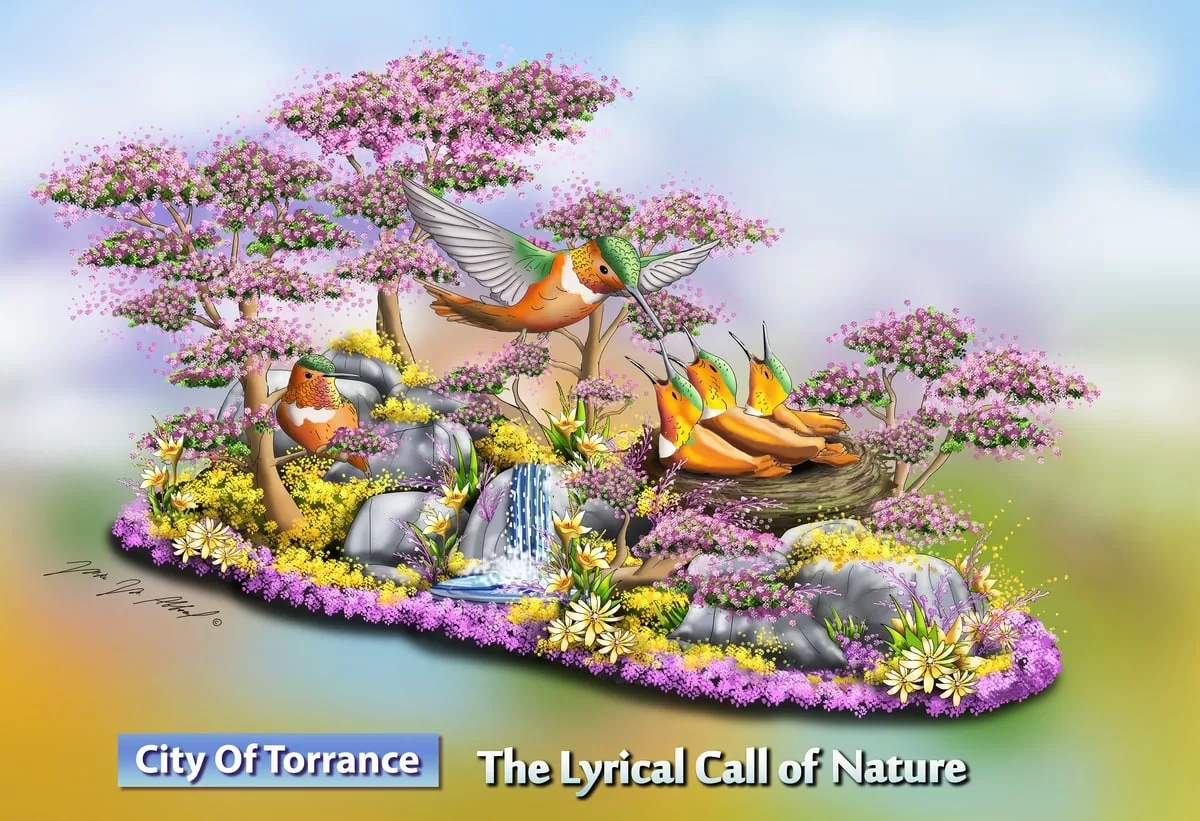 Vibrant artwork of birds in nature with flowers and a waterfall
