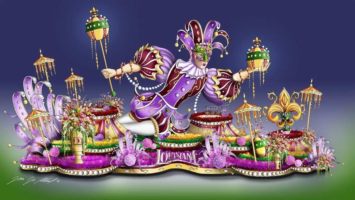 Colorful Mardi Gras float with masked figure and festive decorations in Louisiana.