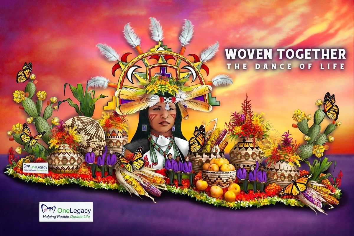 Colorful cultural float with traditional attire and harvest decorations