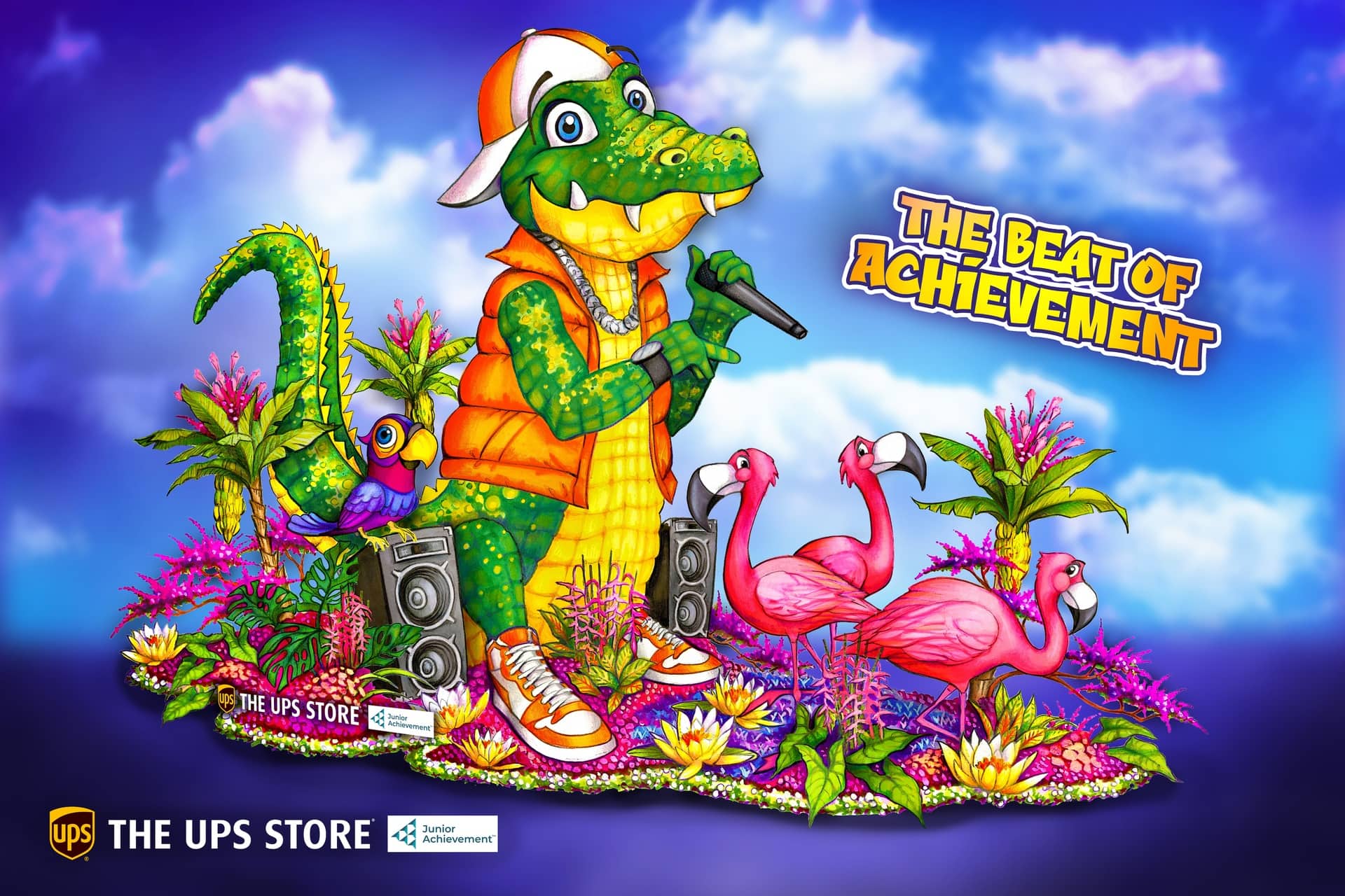 Colorful cartoon alligator singing with parrot and flamingos against tropical backdrop.