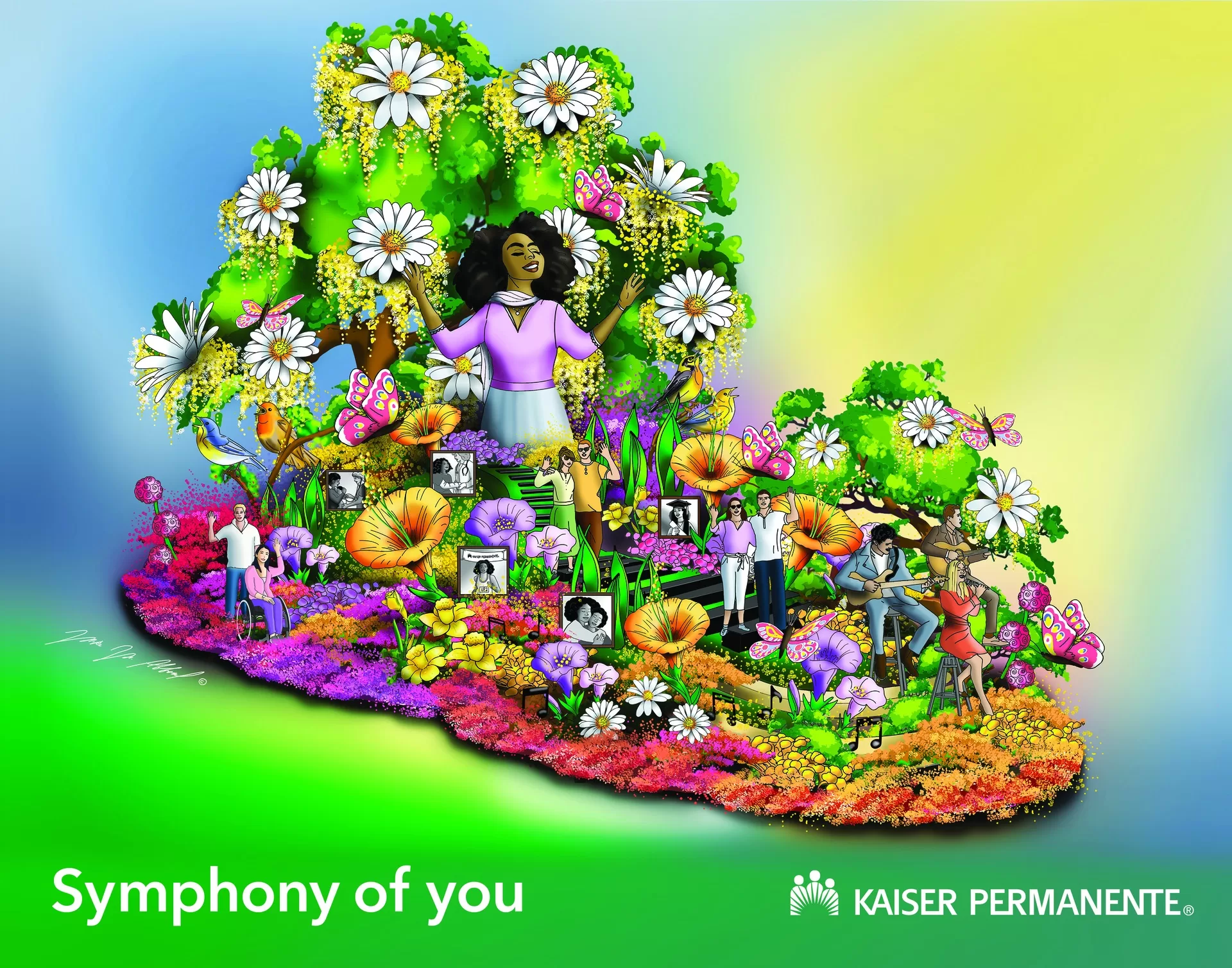 Illustration of diverse people enjoying music in vibrant floral setting with colorful background
